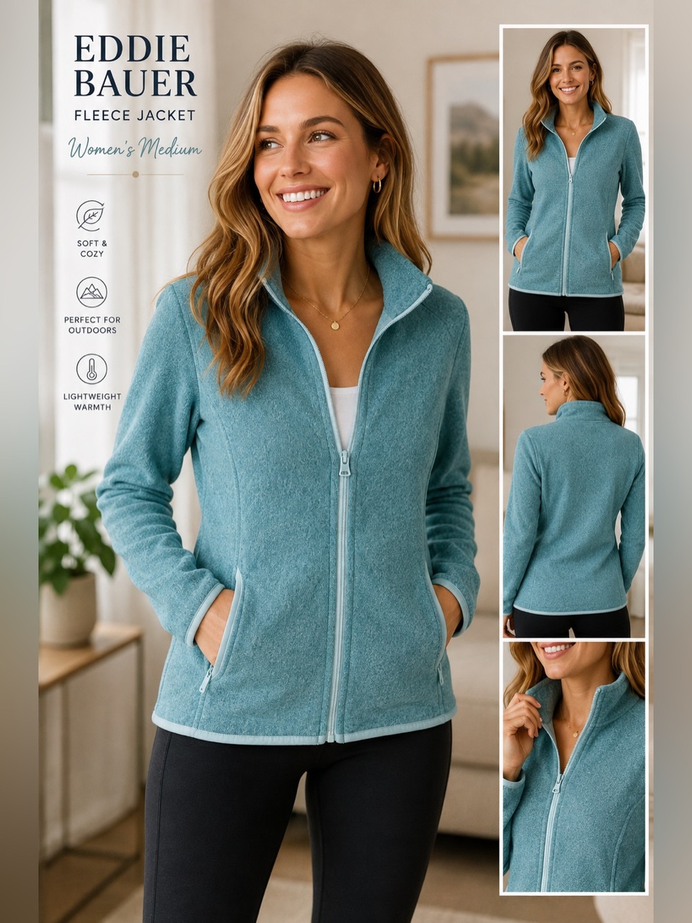 Eddie Bauer Women Medium Full Zip Fleece Jacket Aqua Blue Soft Cozy Outdoor